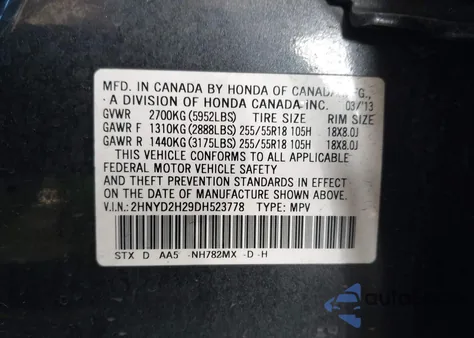 2013 Acura Mdx z USA, uszkodzony, nr VIN 2HNYD2H29DH523778